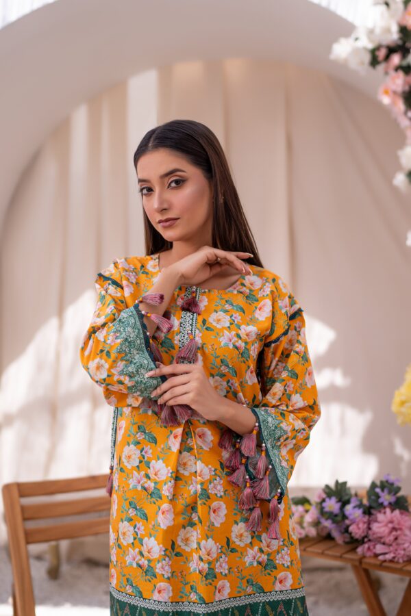 Floral Printed Lawn Kurti with Tassel & Lace Detailing - Image 2