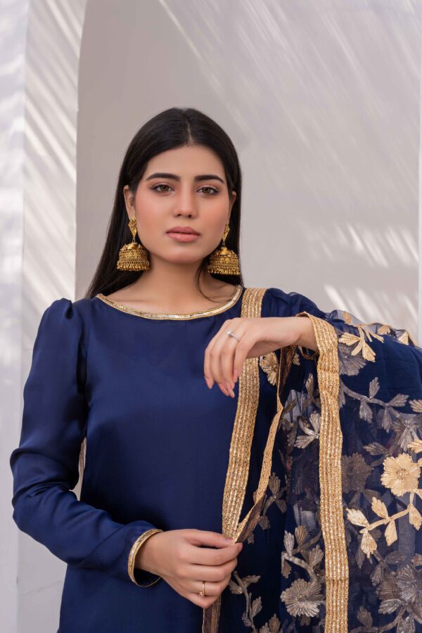 Luxury Silk Ensemble with Farshi Shalwar 4-Side Embroidered Lace Dupatta with gotta work - Image 6