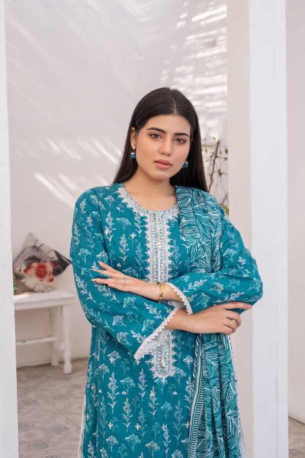 3-Piece Teal Embroidered Lawn Suit with Lace Dupatta with luxury 4 side lace - Image 3