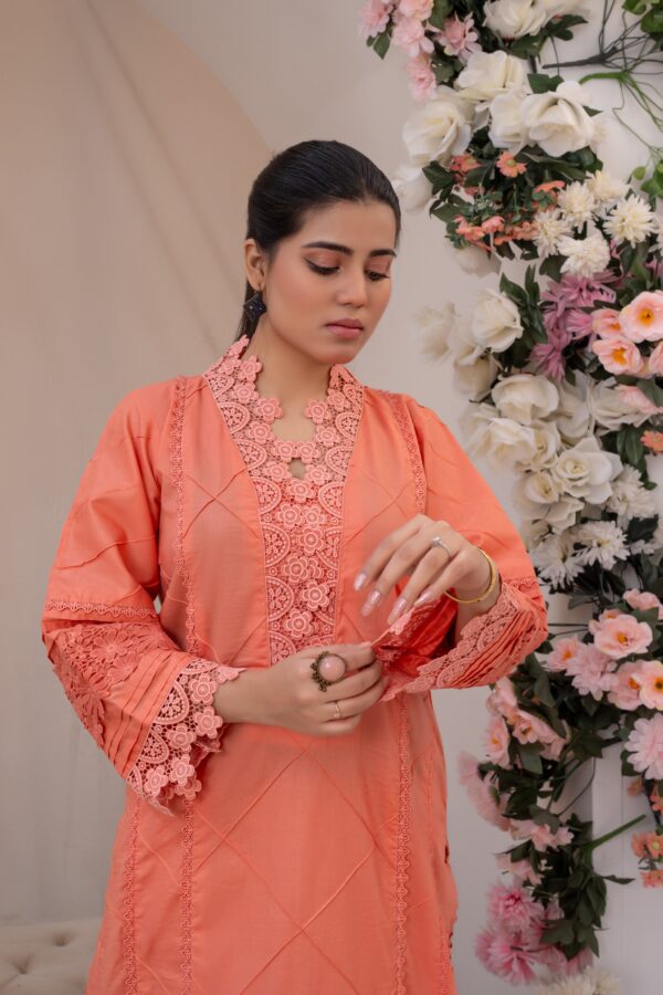 2-Piece Premium Lawn Fabric with Exquisite Lacework Peach - Image 6