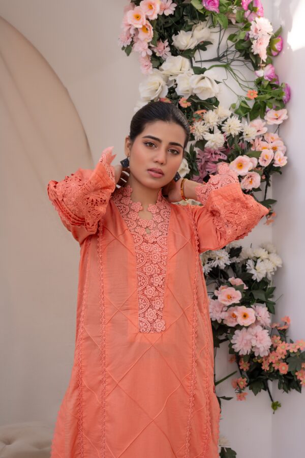 2-Piece Premium Lawn Fabric with Exquisite Lacework Peach - Image 5