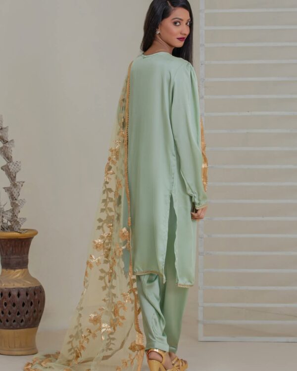 Luxury Silk Ensemble with Exquisite Gota Work farshi shalwar - Image 3