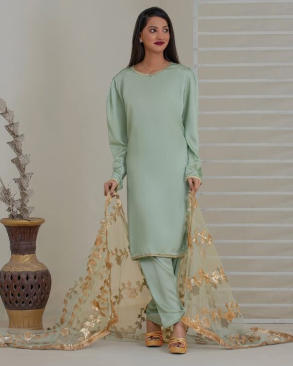 Luxury Silk Ensemble with Exquisite Gota Work farshi shalwar - Image 4