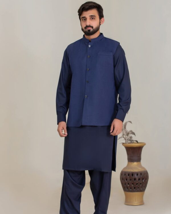 BLUE Men’s Dark Blue Textured Fabric Kameez Shalwar with Elegant Waistcoat