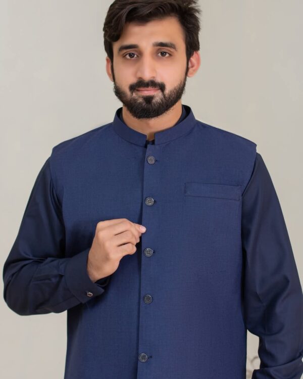 BLUE Men’s Dark Blue Textured Fabric Kameez Shalwar with Elegant Waistcoat - Image 5