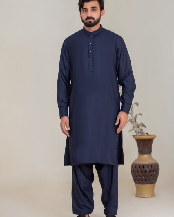 BLUE Men’s Dark Blue Textured Fabric Kameez Shalwar with Elegant Waistcoat - Image 3